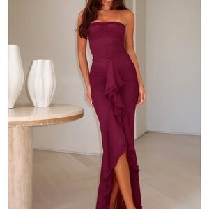 White fox Asymmetrical Burgundy Dress